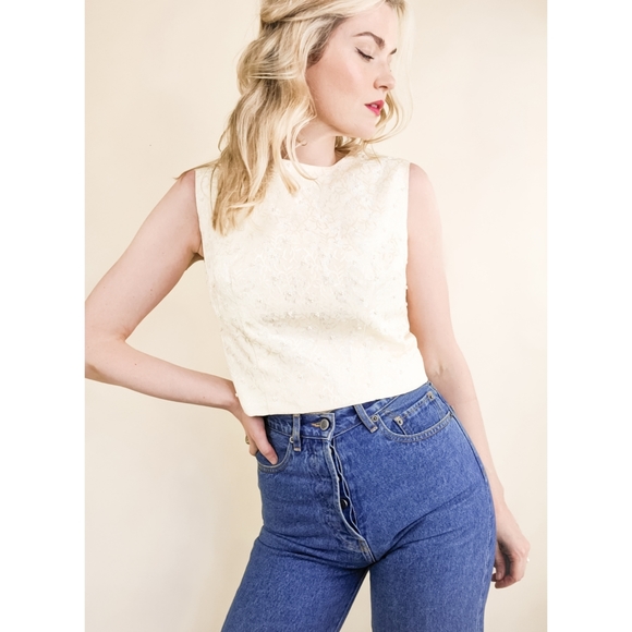 Handmade Vintage Ivory Posie & Pearl Crop Blouse - Picture 8 of 16